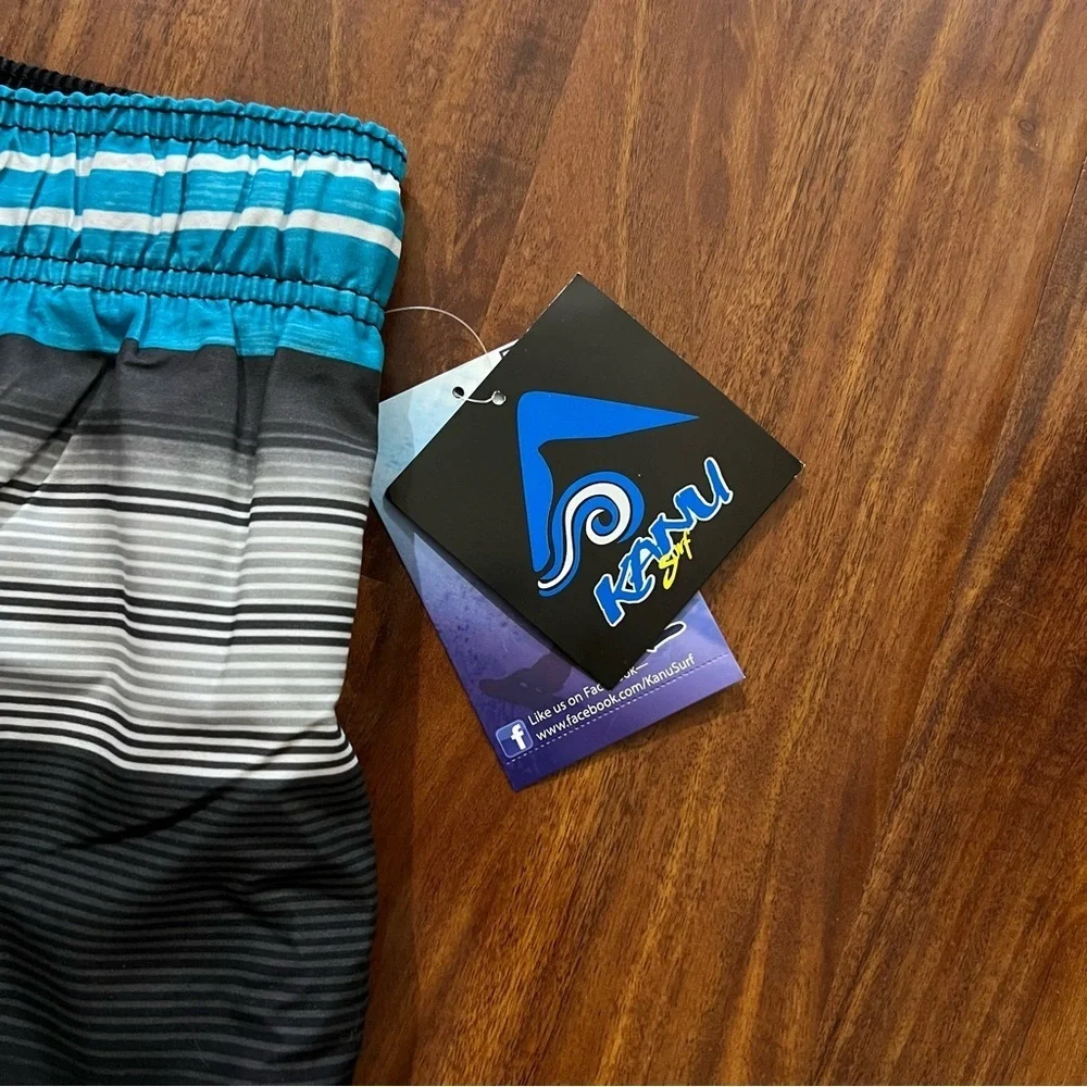 NWT Kanu Surf Men's Victor Blue Black Striped Swim Trunks size large